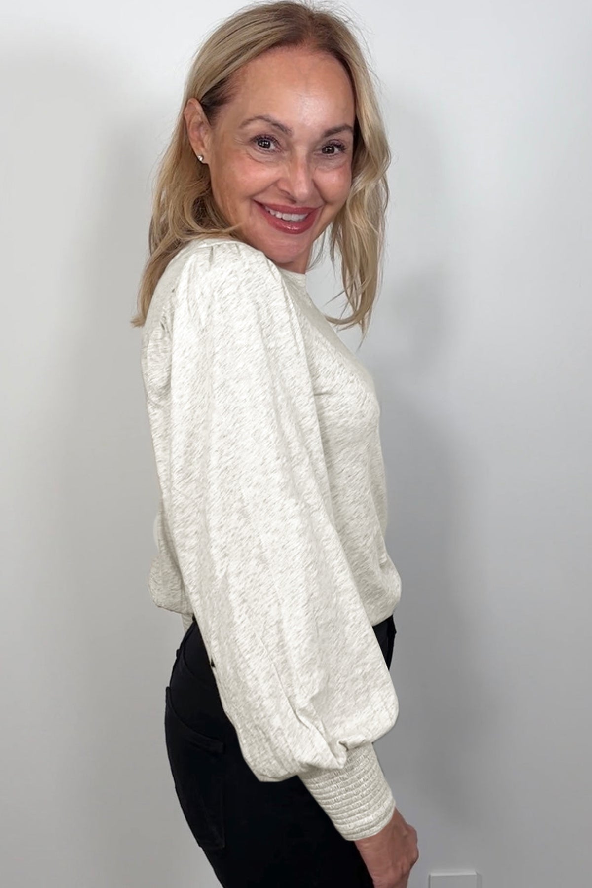 Oatmeal Shirred Cuffs Puff Sleeve Peasant Top
