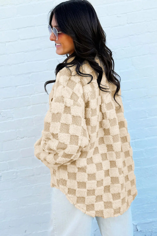 Khaki Plush Checkered Corduroy Trim Metal Button Long Sleeve Shift Silhouette Shacket