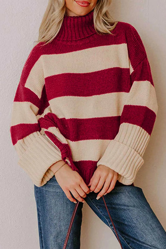 Red Stripe Ribbed Trim High Neck Relaxed Pullover Sweater model front view · nz-alt-v1