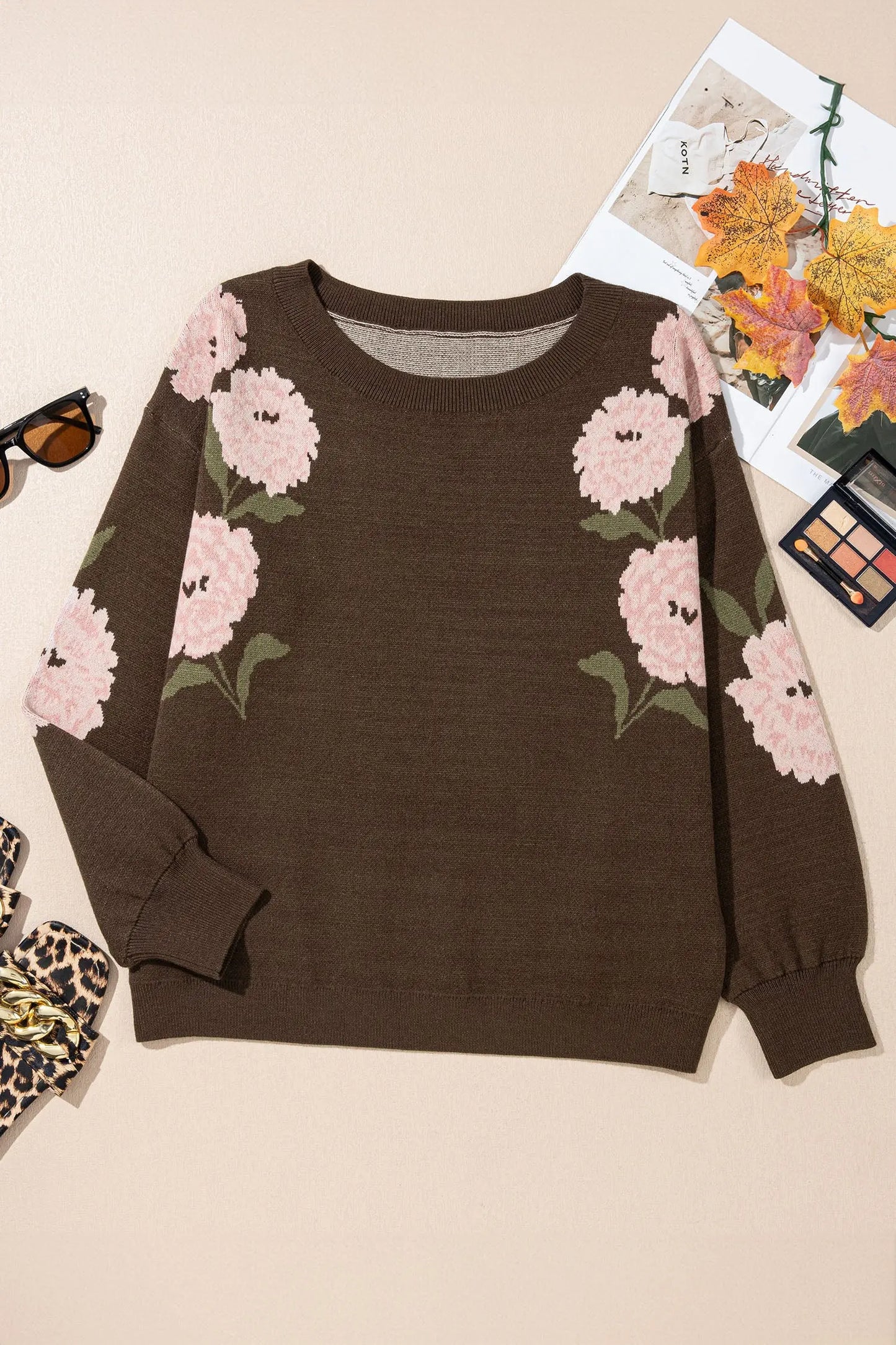Dark Brown Floral Print Drop Shoulder Relaxed Pullover Sweater