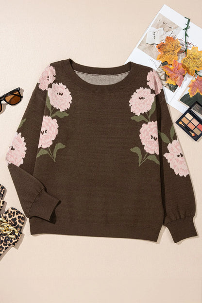 Dark Brown Floral Print Drop Shoulder Relaxed Pullover Sweater