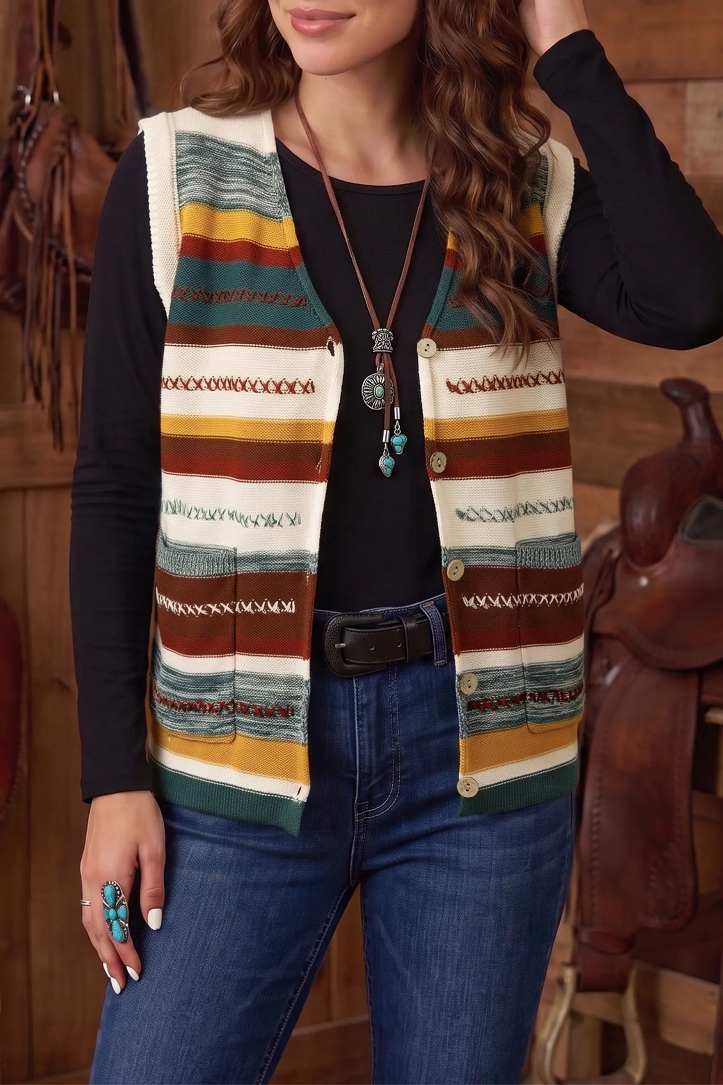 Multicolour Striped Button Front Sleeveless Knit Regular Fit Sweater Vest