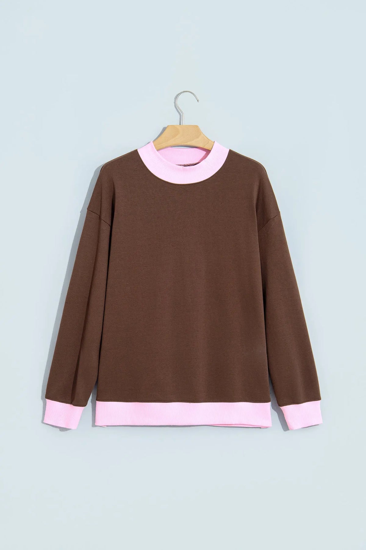 Coffee Colorblock Trim Crewneck Long Sleeve Pullover Sweatshirt