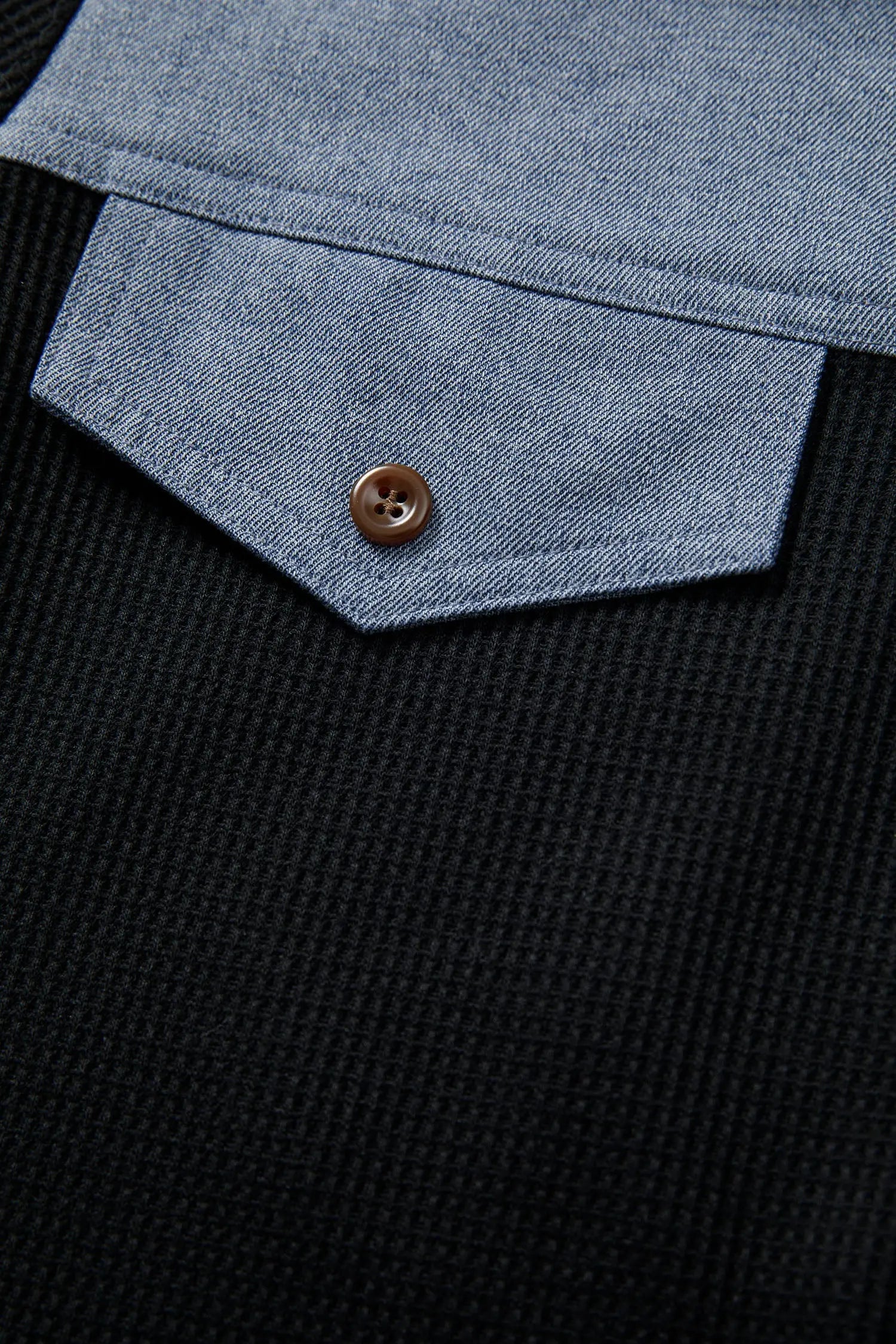 Black Waffle Knit Denim Color Block Patchwork Button Flap Polo Top - Tops