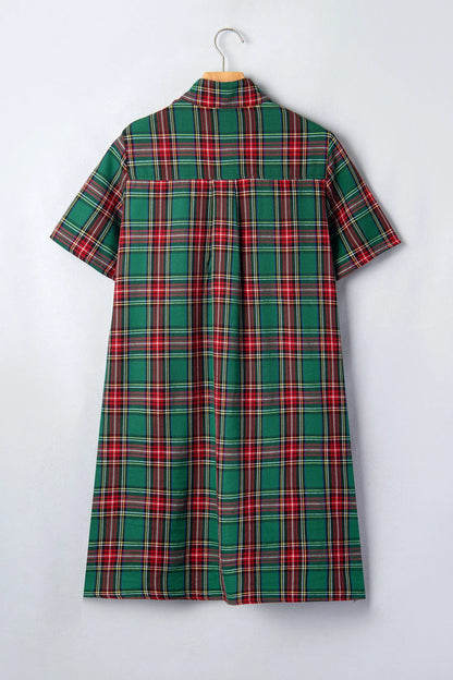 Green Plaid Button Front Short Sleeve Shift Dress