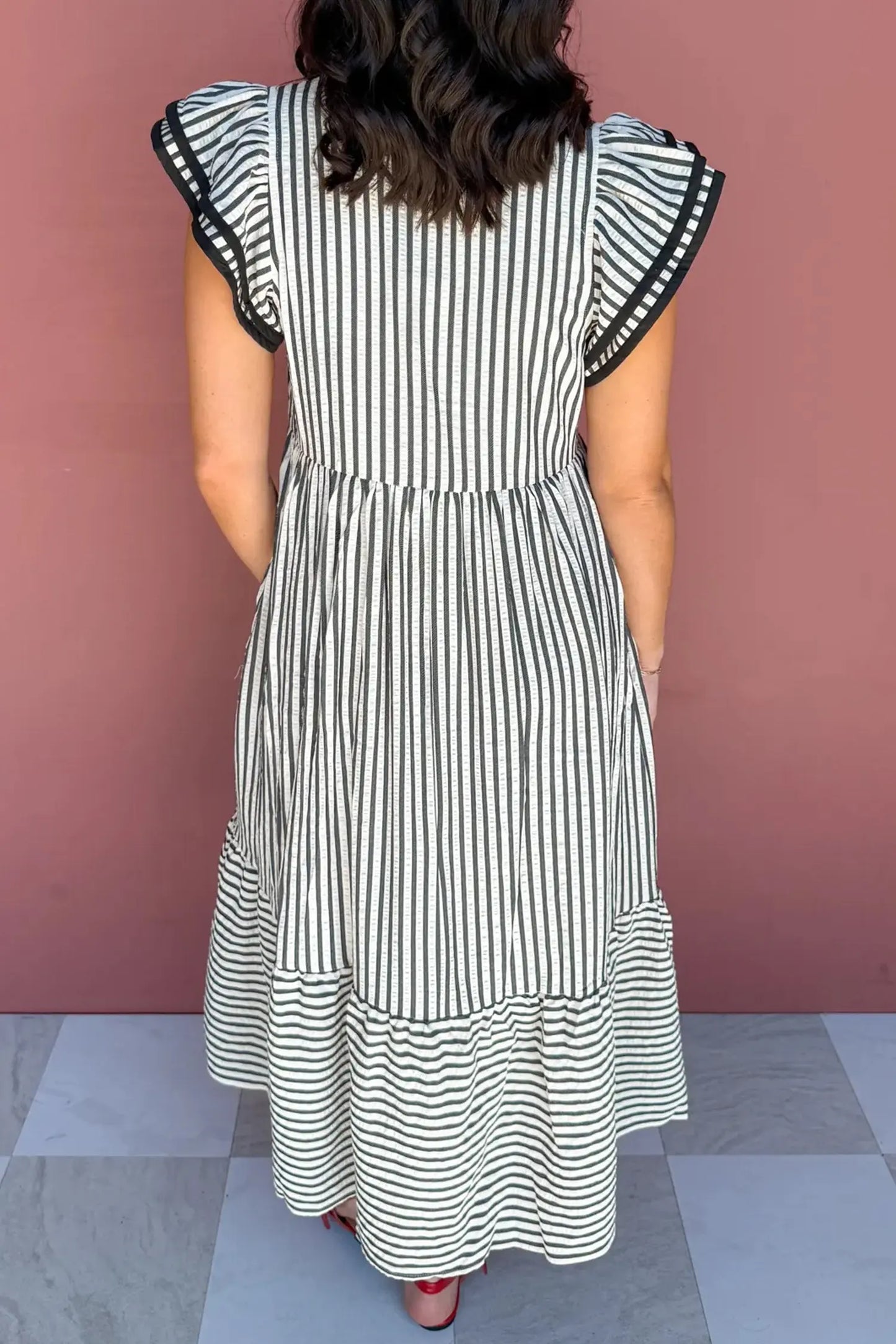 Black Stripe Plus Size Slit V Neck Tiered Flutter Sleeve Maxi Dress Nataliz