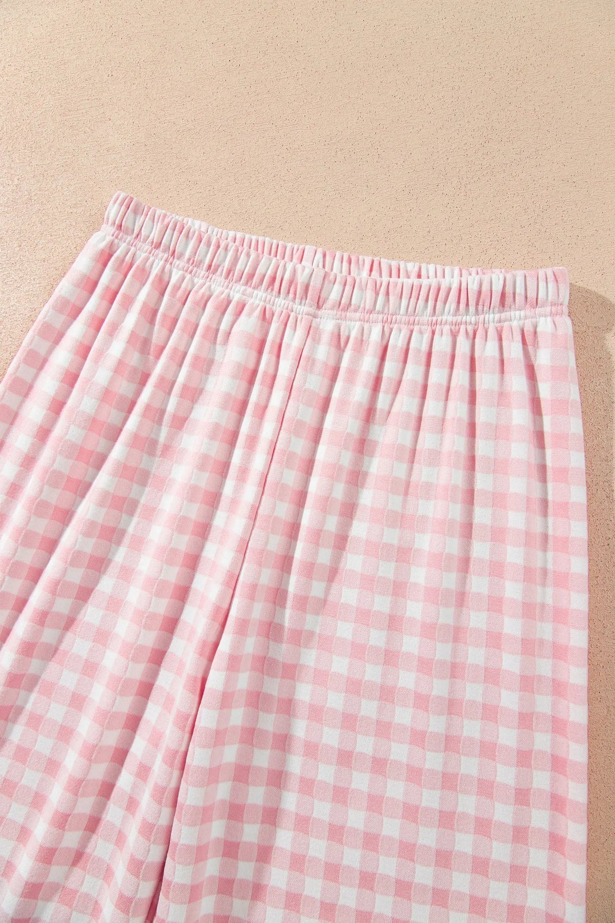 Pink Gingham Long Sleeve Lapel Shirt 2pcs Pajama Pant Set