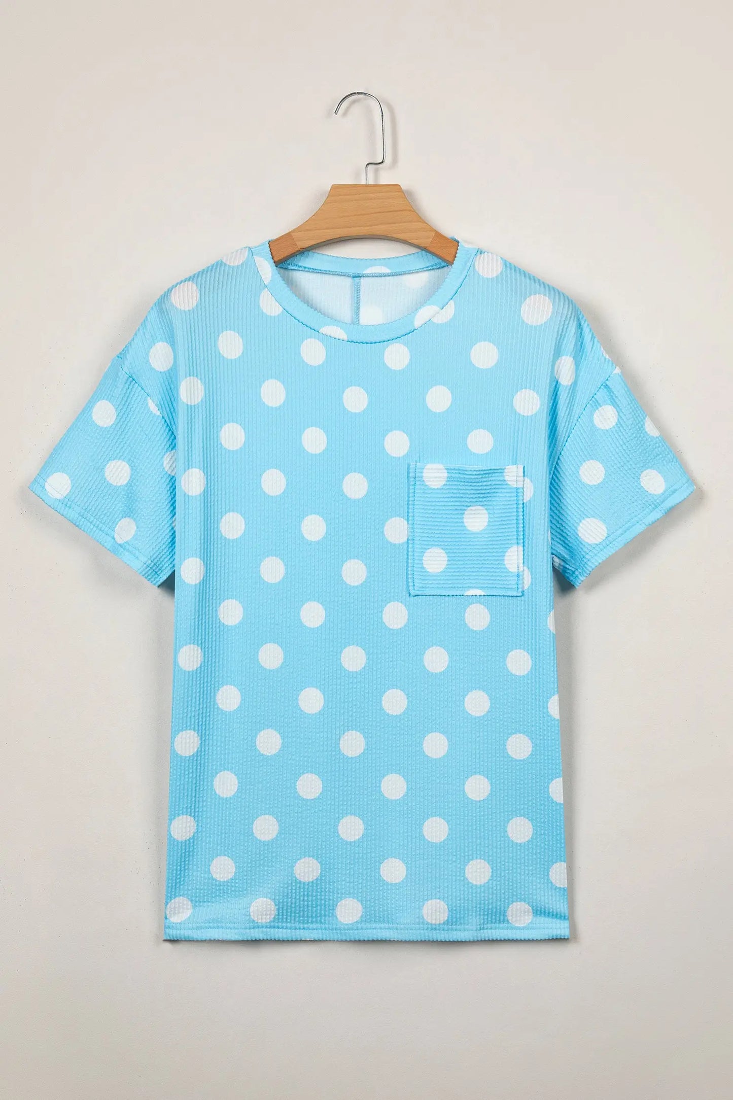Sky Blue Polka Dot Round Neck Drop Shoulder Patch Pocket Jacquard Texture Top Nataliz