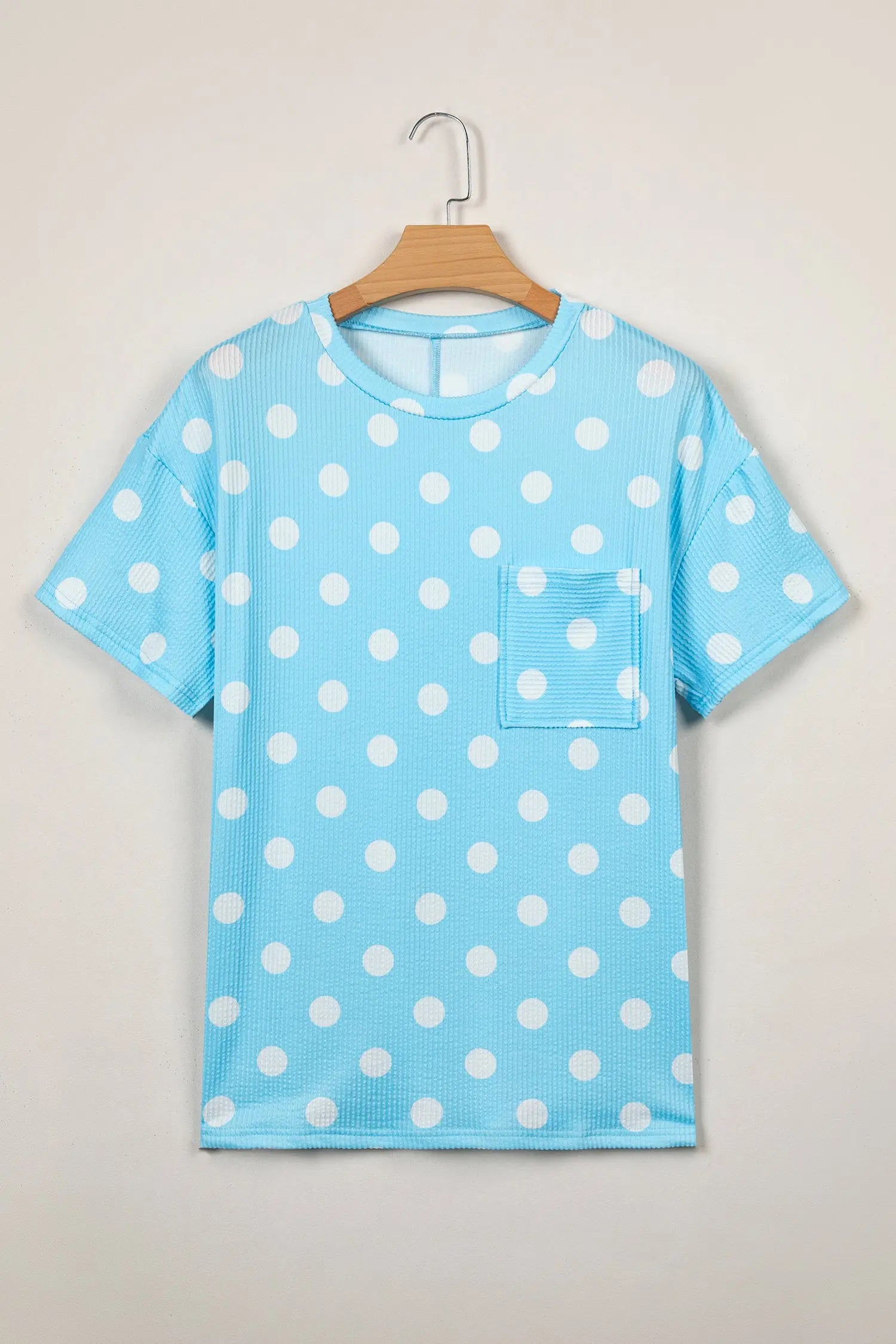 Sky Blue Polka Dot Round Neck Drop Shoulder Patch Pocket Jacquard Texture Top Nataliz