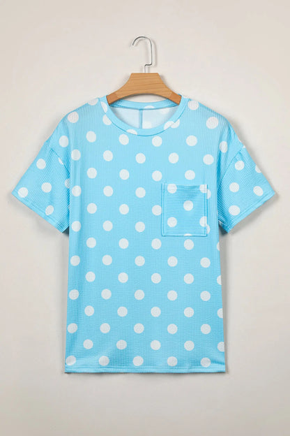 Sky Blue Polka Dot Round Neck Drop Shoulder Patch Pocket Jacquard Texture Top Nataliz