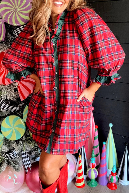 Red Plaid Ruffle Cuff Button Front Pocket Mini Dress