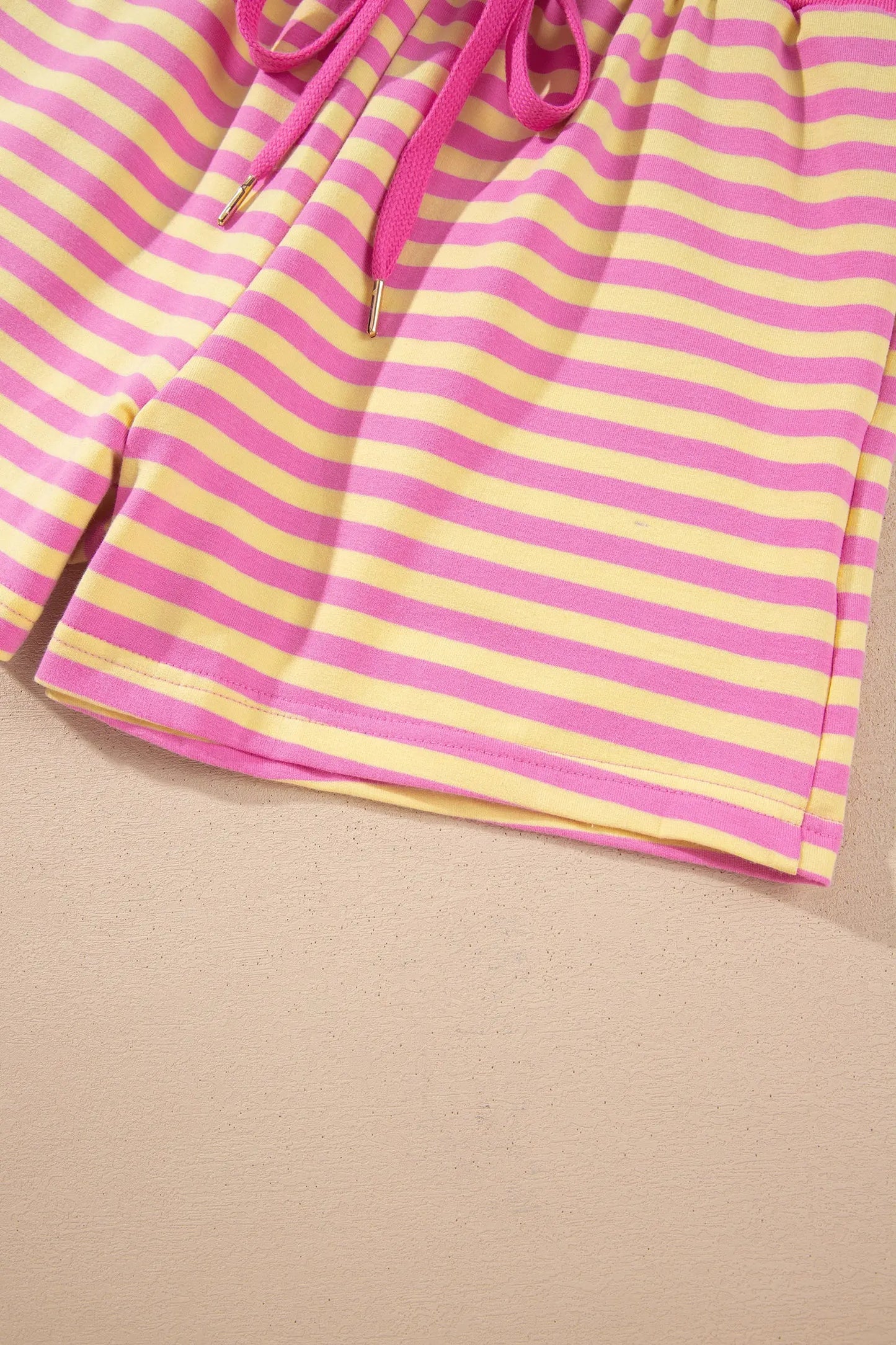 Rose Red Striped Long Sleeve Zip-Up Hoodie Drawstring Elastic Waist 2pcs Short Set