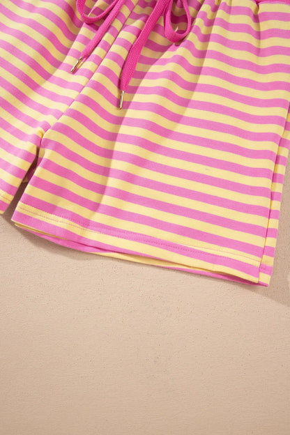 Rose Red Striped Long Sleeve Zip-Up Hoodie Drawstring Elastic Waist 2pcs Short Set