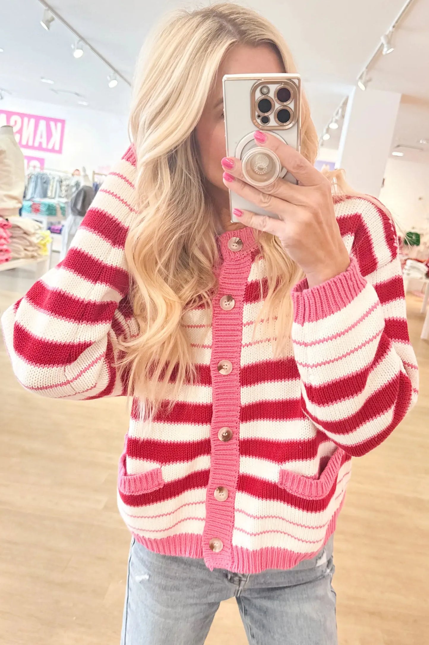 Red Stripe V Neck Long Sleeve Regular Fit Cardigan