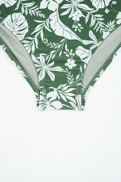 Four Leaf Clover O-ring Knot Back Straps Ricrac Trim V Neck Tankini Contrast Printed Swim Short 2pcs Set