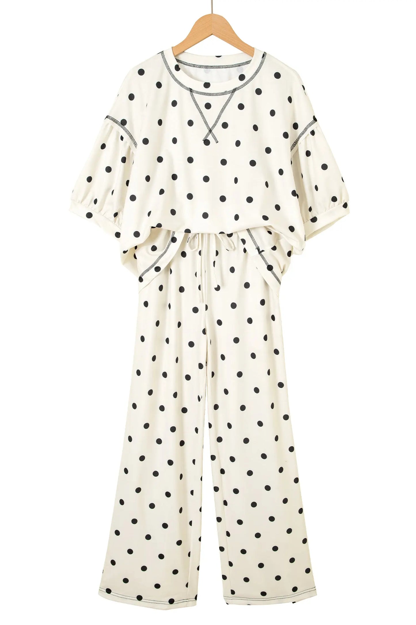 Black Polka Dot Half Sleeve Loose Top Elastic Waist Casual Pants Set