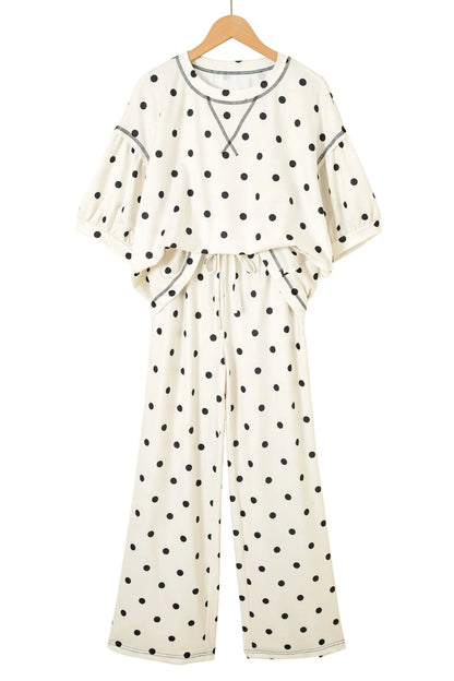 Black Polka Dot Half Sleeve Loose Top Elastic Waist Casual Pants Set