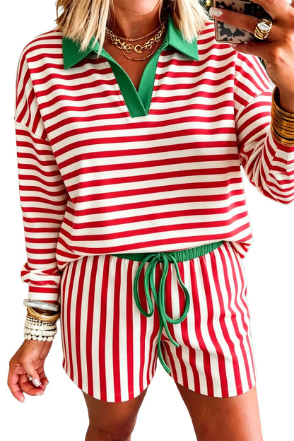 Red Stripe Colorblock Trim Polo Collar Drawstring Elastic Waist Band Casual 2pcs Outfit