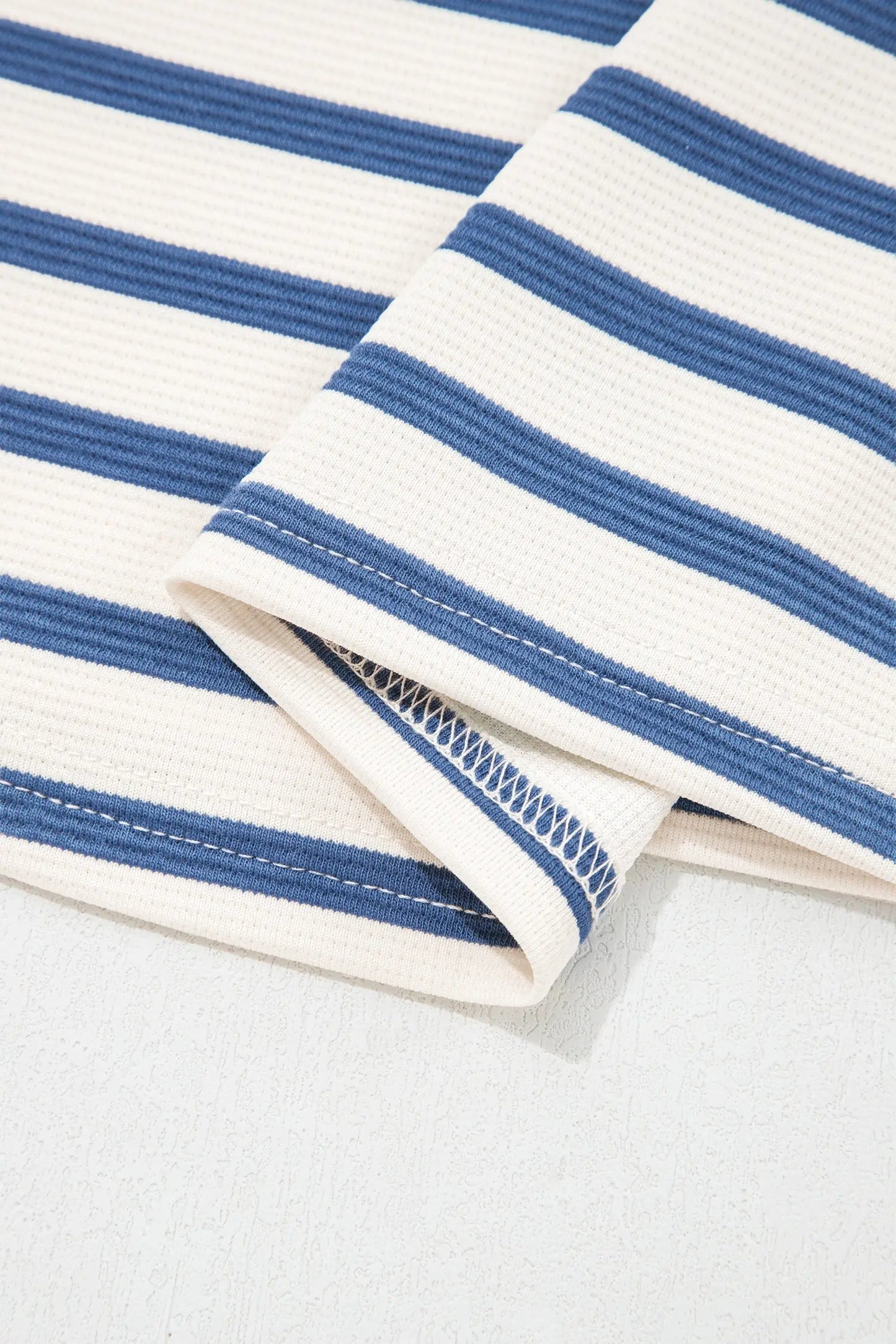 Blue Stripe Short Puff Sleeve Color Block Polo Collar Blouse Nataliz