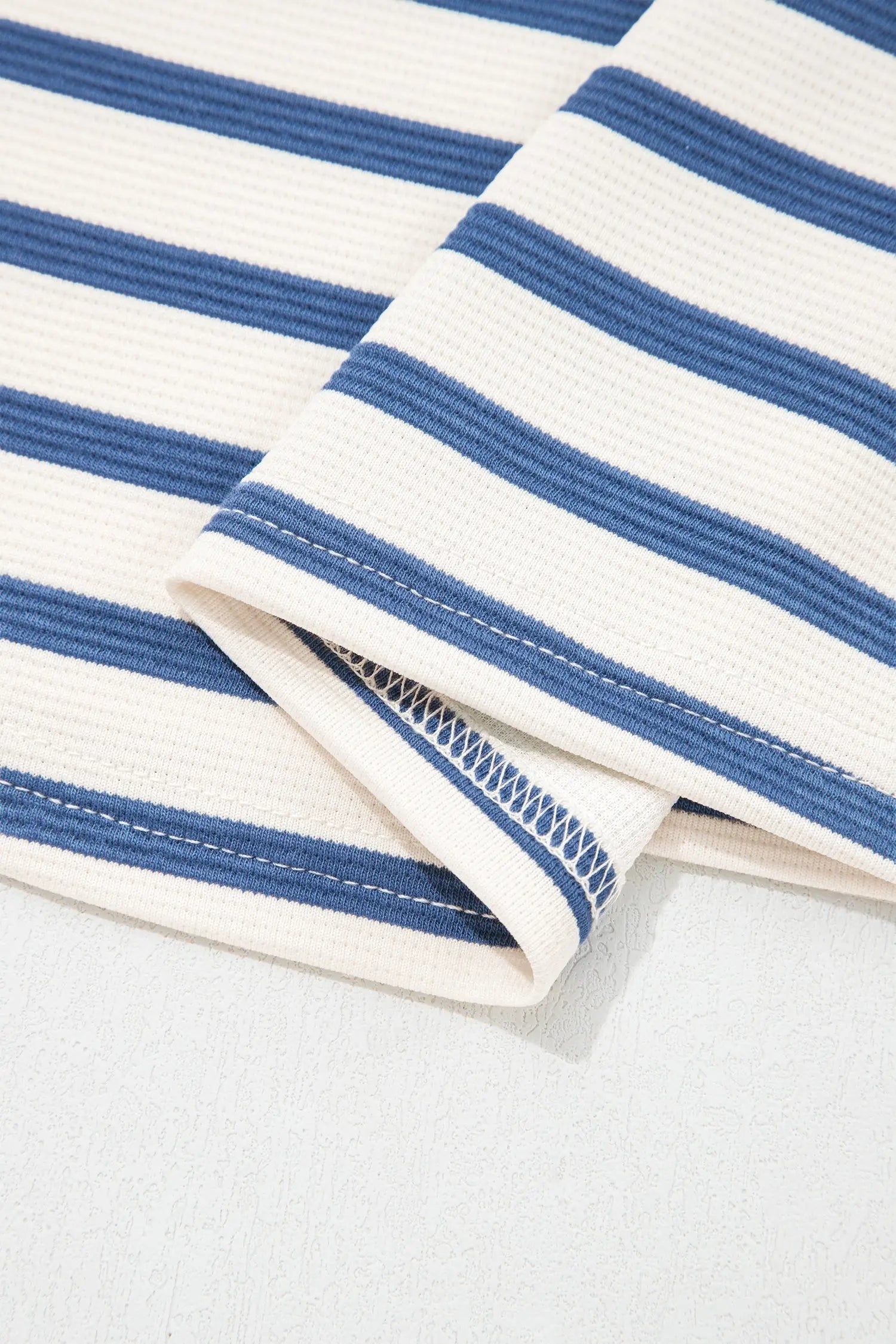 Blue Stripe Short Puff Sleeve Color Block Polo Collar Blouse Nataliz