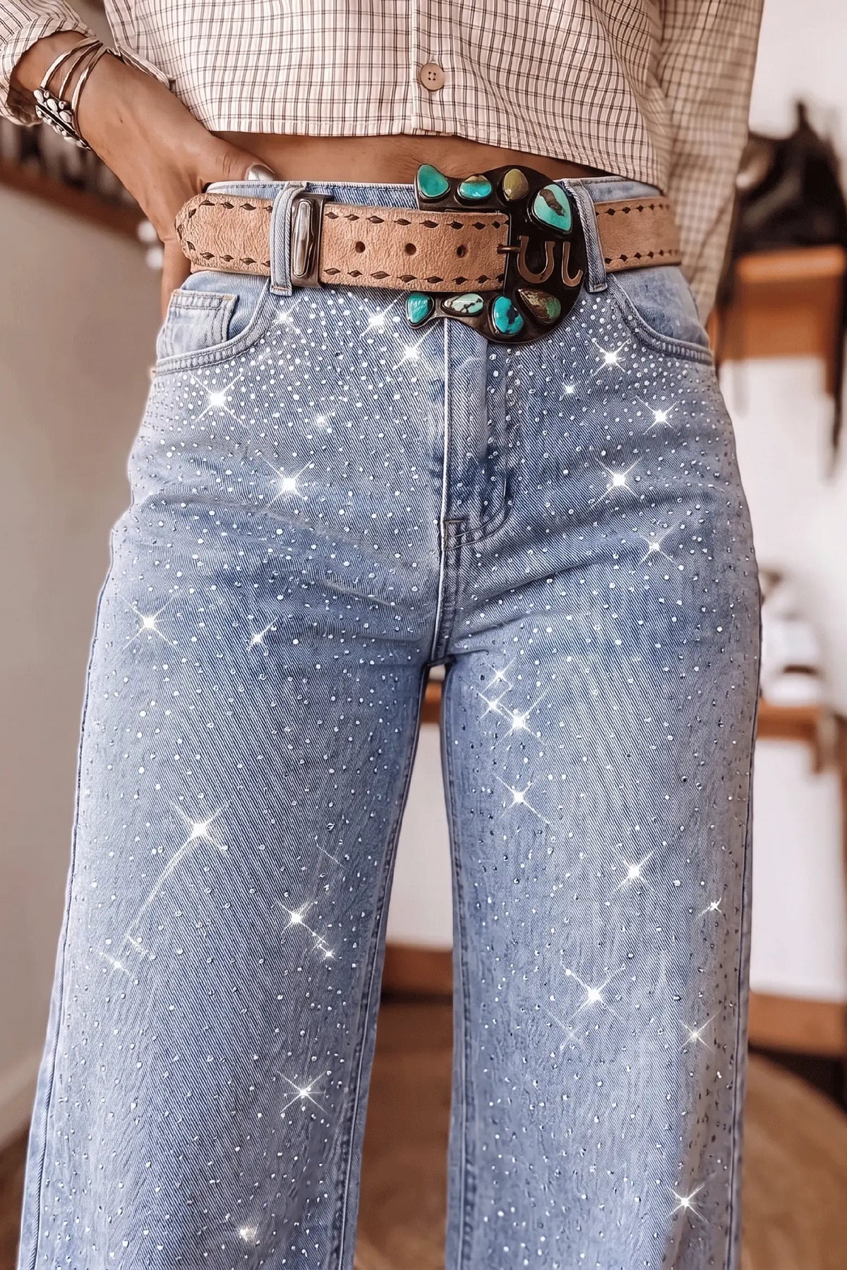 Beau Blue Sparkle Detail Western Casual Shift Jeans