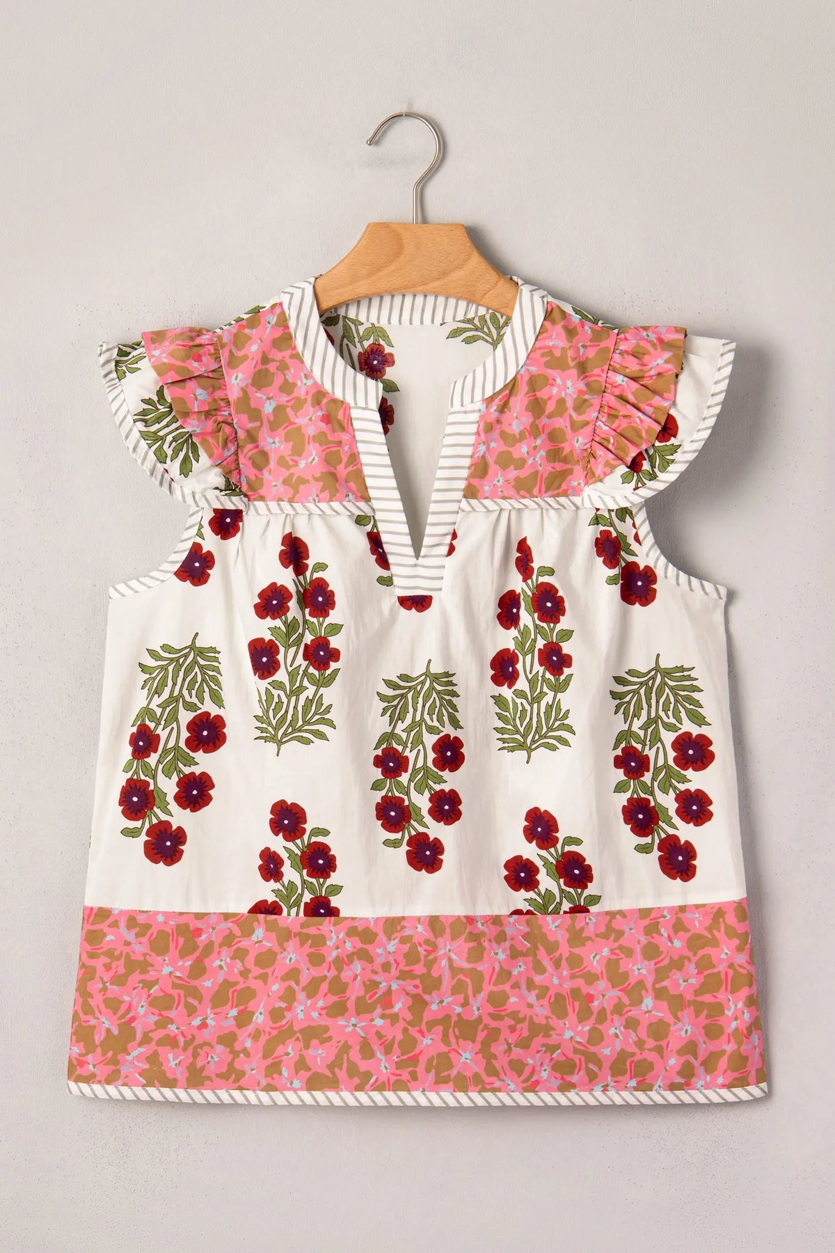 White Floral Print Contrast Striped Trim Flutter Cotton Blouse
