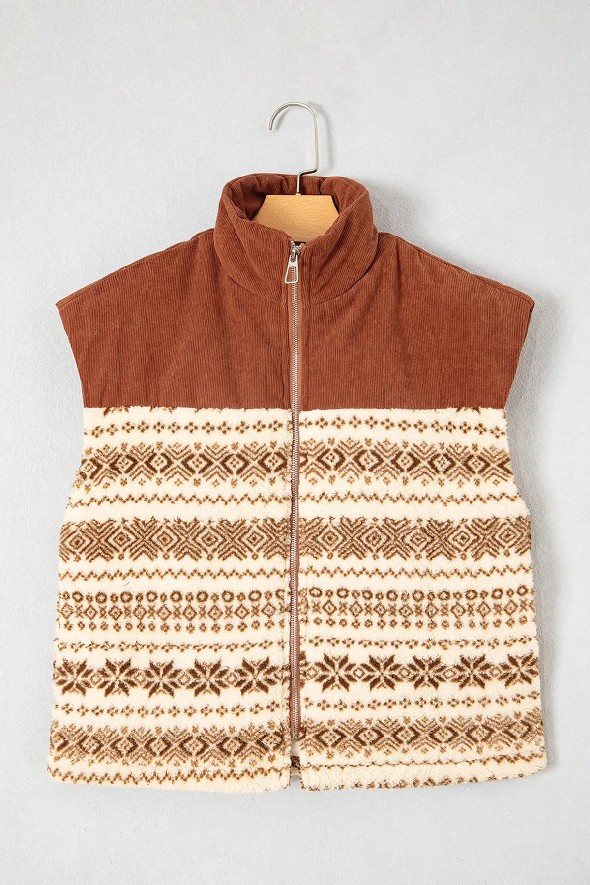 Brown geometric print fleece zipper collar vest hanging view · nz-alt-v1