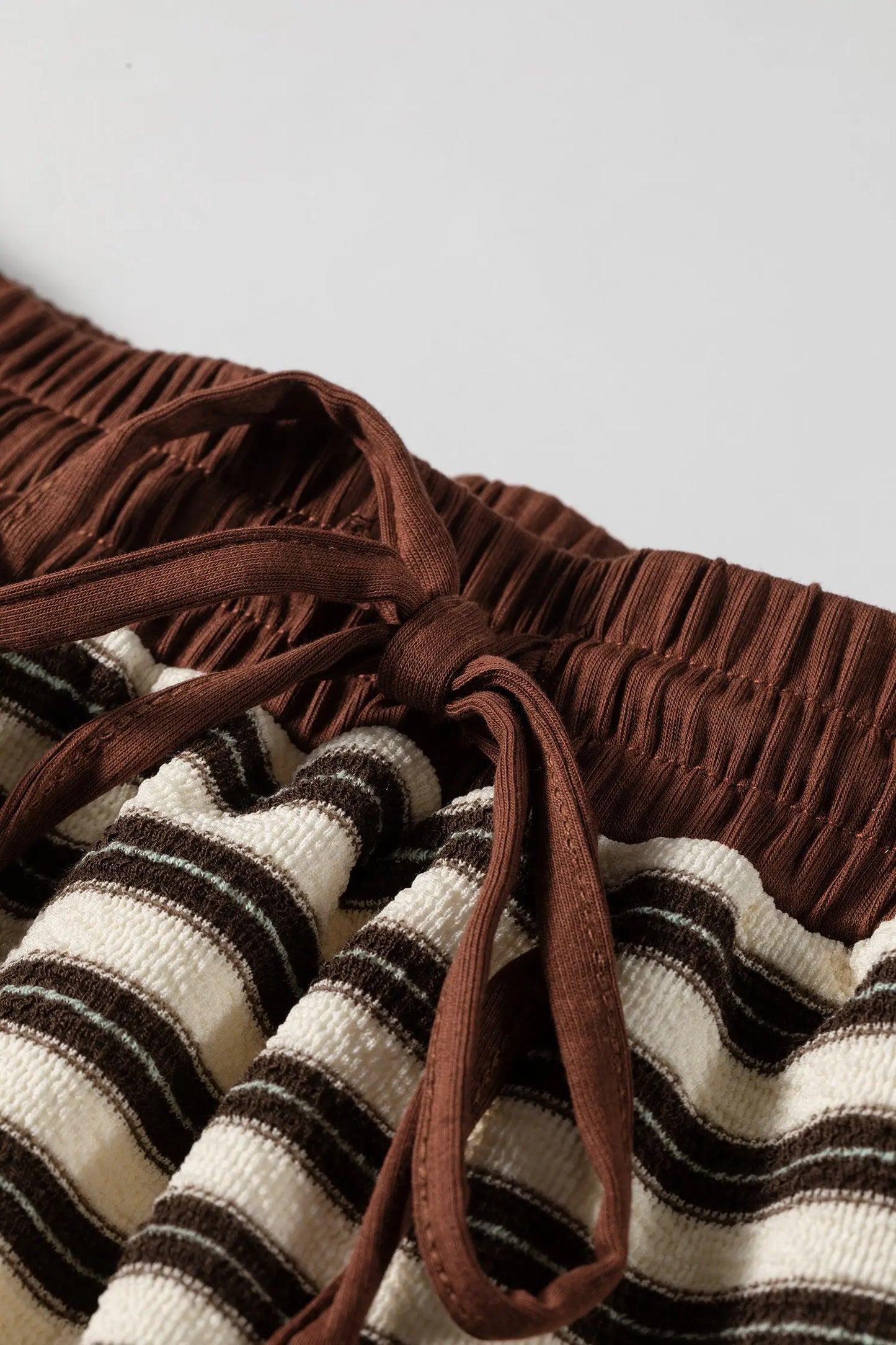 Brown Stripe Contrast Trim Button Neck Long Sleeve Top Drawstring Mini Skirt Set