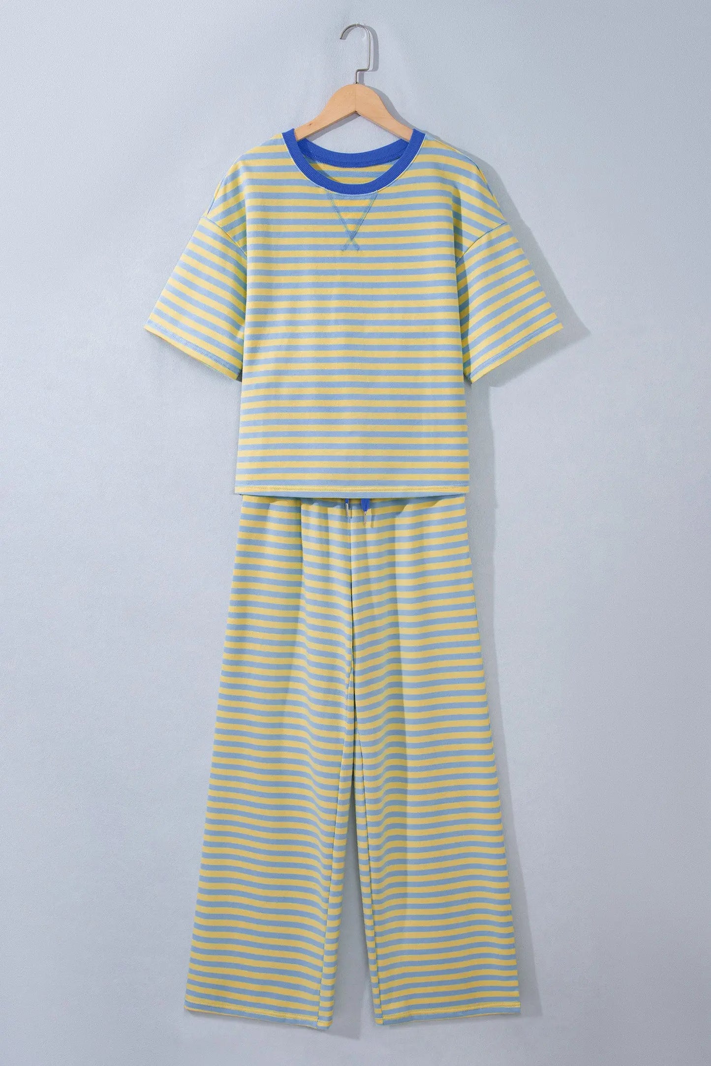 Yellow Stripe Colorblock Trim Crew Neck Loose Tee Drawstring Elastic Waist 2pcs Pant Set