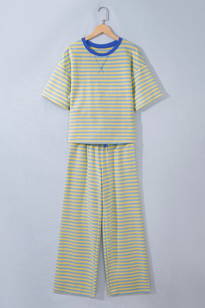 Yellow Stripe Colorblock Trim Crew Neck Loose Tee Drawstring Elastic Waist 2pcs Pant Set