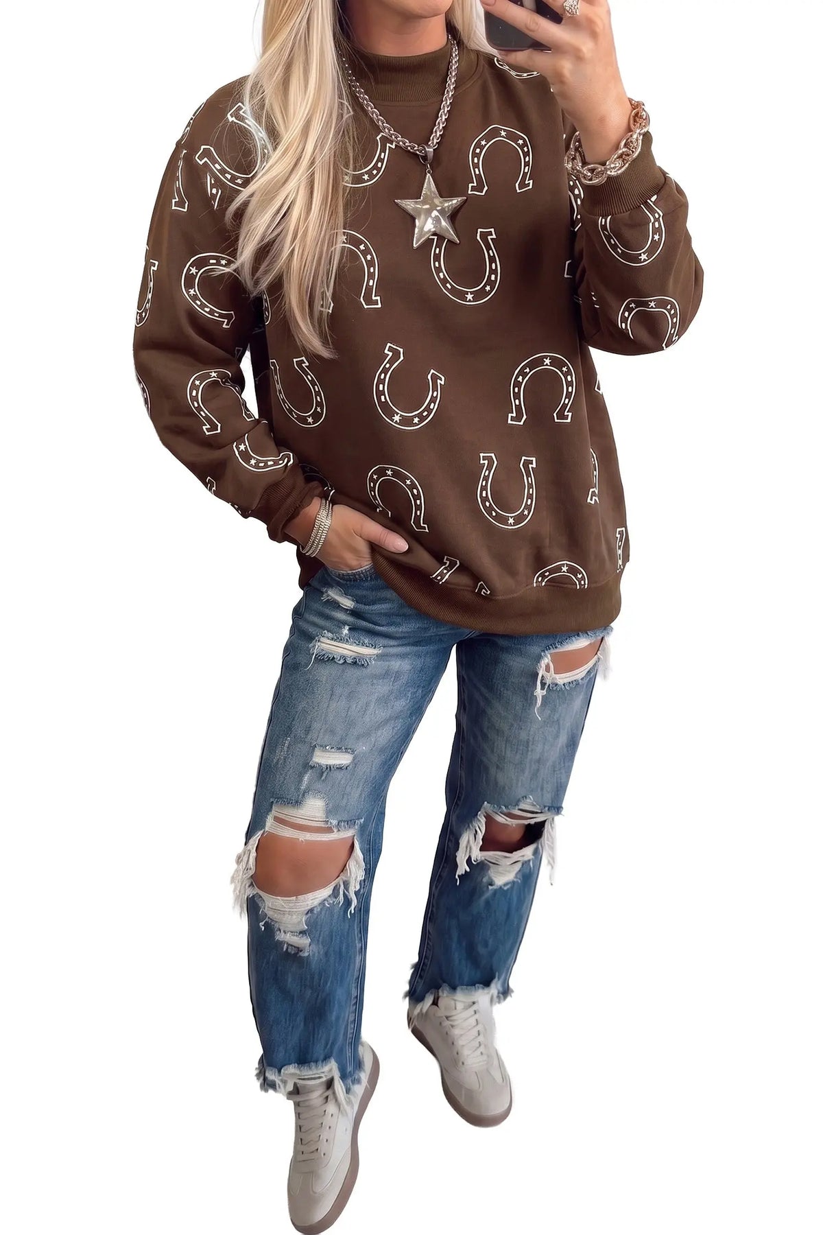 Western Horseshoe Print Mock Neck Casual Pullover Sweatshirt