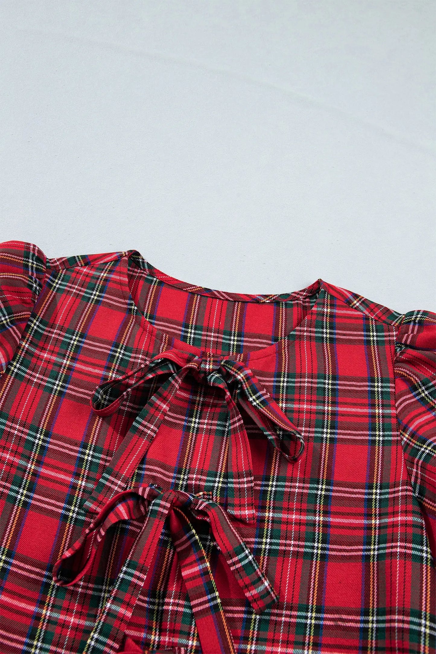 Red Plaid Knot Neck Short Sleeve Mini Shift Dress