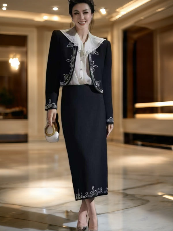 Embroidered Cropped Jacket & Midi Skirt Set model front view · nz-bg-v1