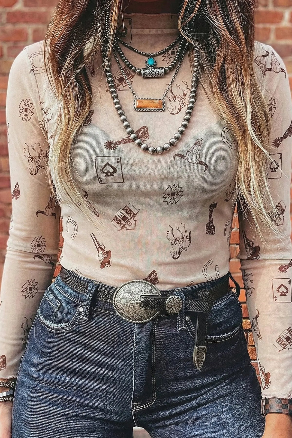 Beige Floral Print Slim Fit Mesh Long Sleeve Mock Neck Top