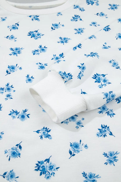 Sky Blue Floral Print Long Sleeve Top Elastic Waist Ruffle Hem Shorts 2pcs Set