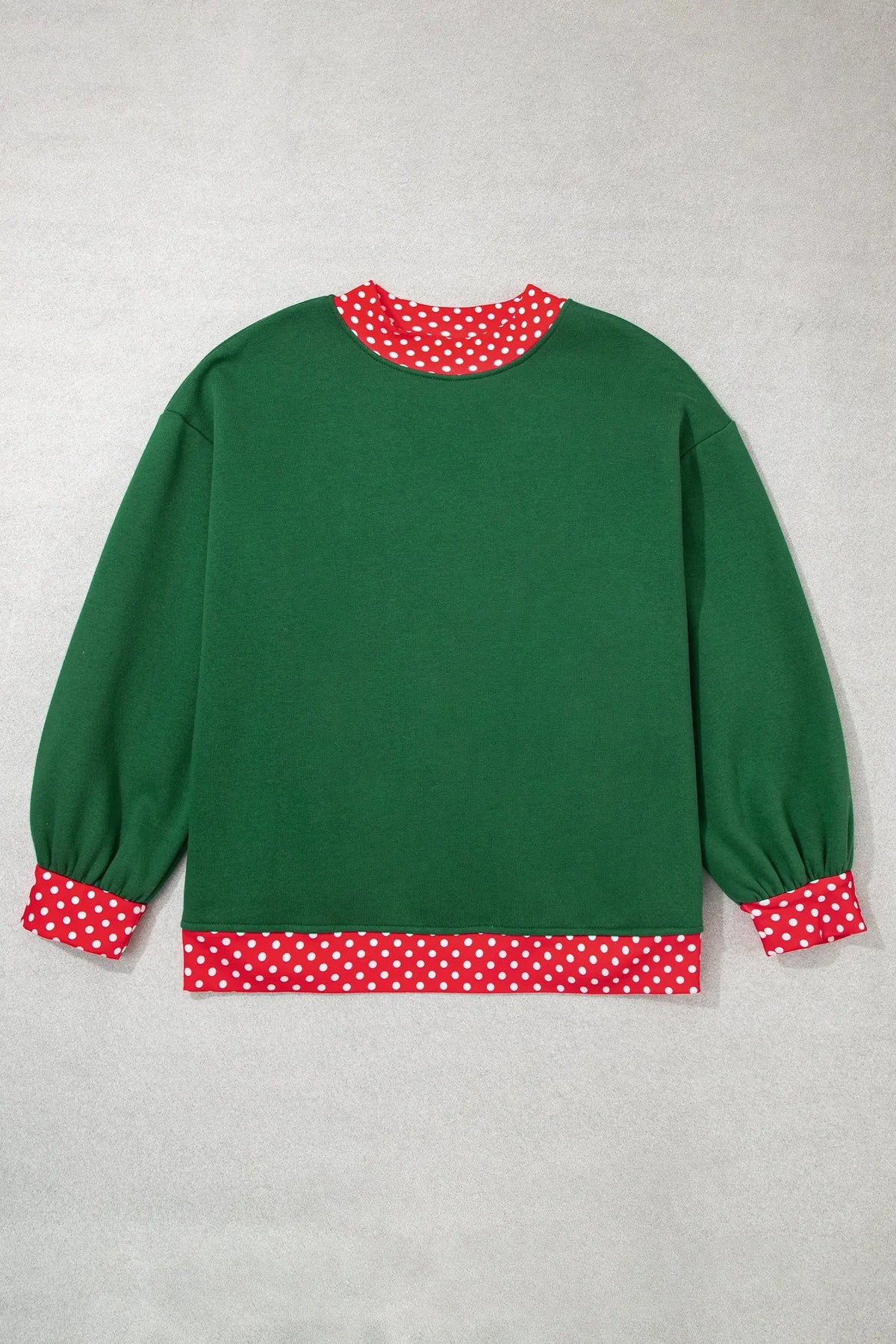 Polka dot patchwork round neck plus size sweatshirt dark green flat lay view · nz-alt-v1