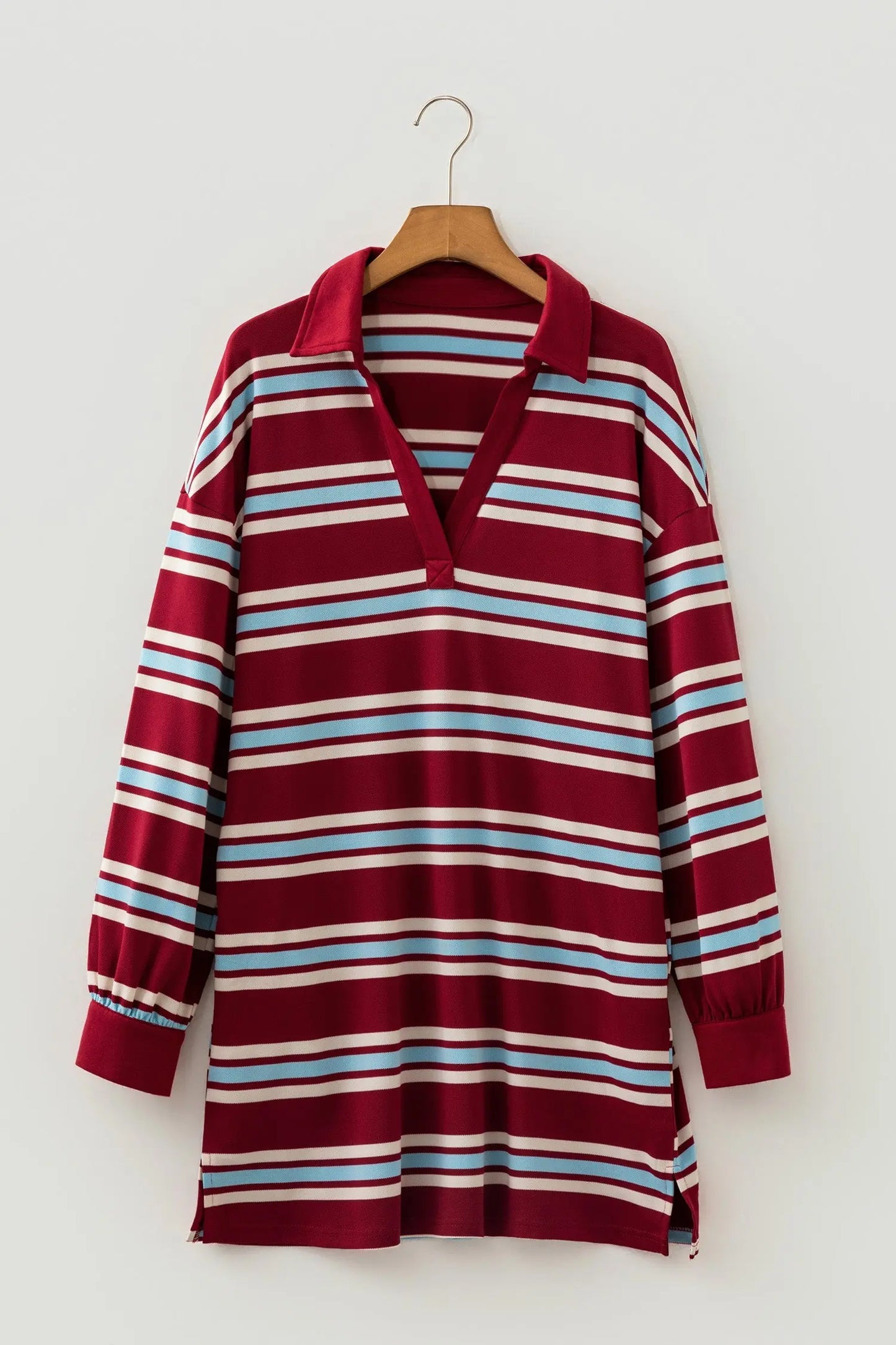 Red Stripe Retro Polo Collar Long Sleeve T Shirt Shift Mini Dress