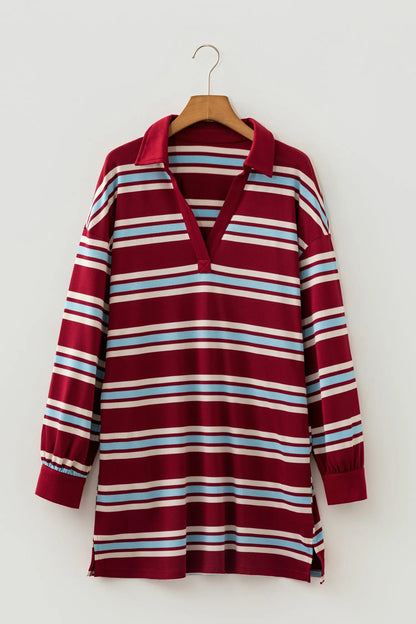 Red Stripe Retro Polo Collar Long Sleeve T Shirt Shift Mini Dress