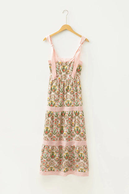 Green Geometric Floral Print Striped Patchwork Detail Sleeveless Dress（Runs Small ）
