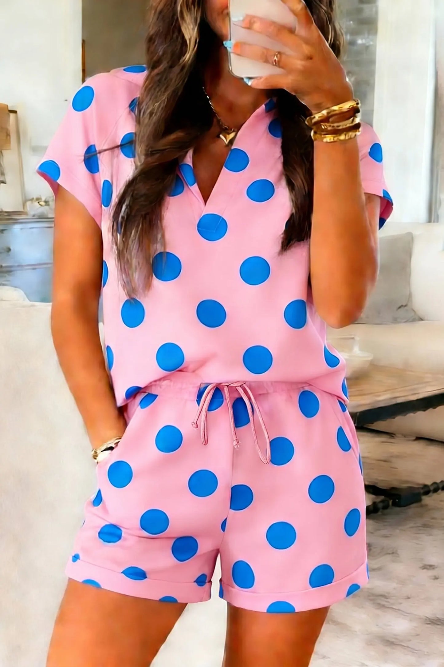 Beige Polka Dot Print V Neck Tee Short Set Nataliz