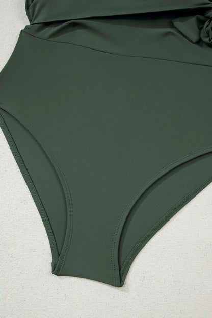 Mist Green Side Tied Waist Square Neck Adjustable Straps A-line One Piece Swim Dress