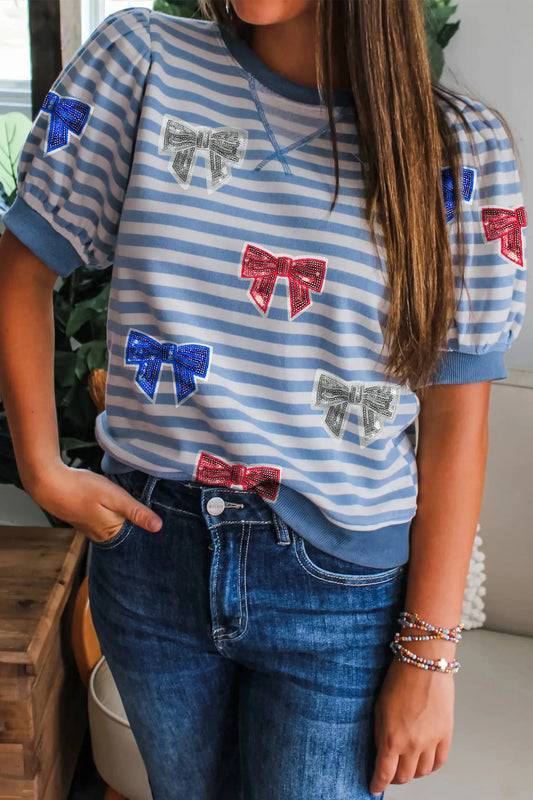 Sky Blue Stripe Patriotic Sequin Bow Graphic Short Puff Sleeve Top Nataliz