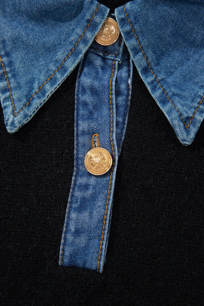 Black Denim Patchwork Collar Cuffed Casual Sweater