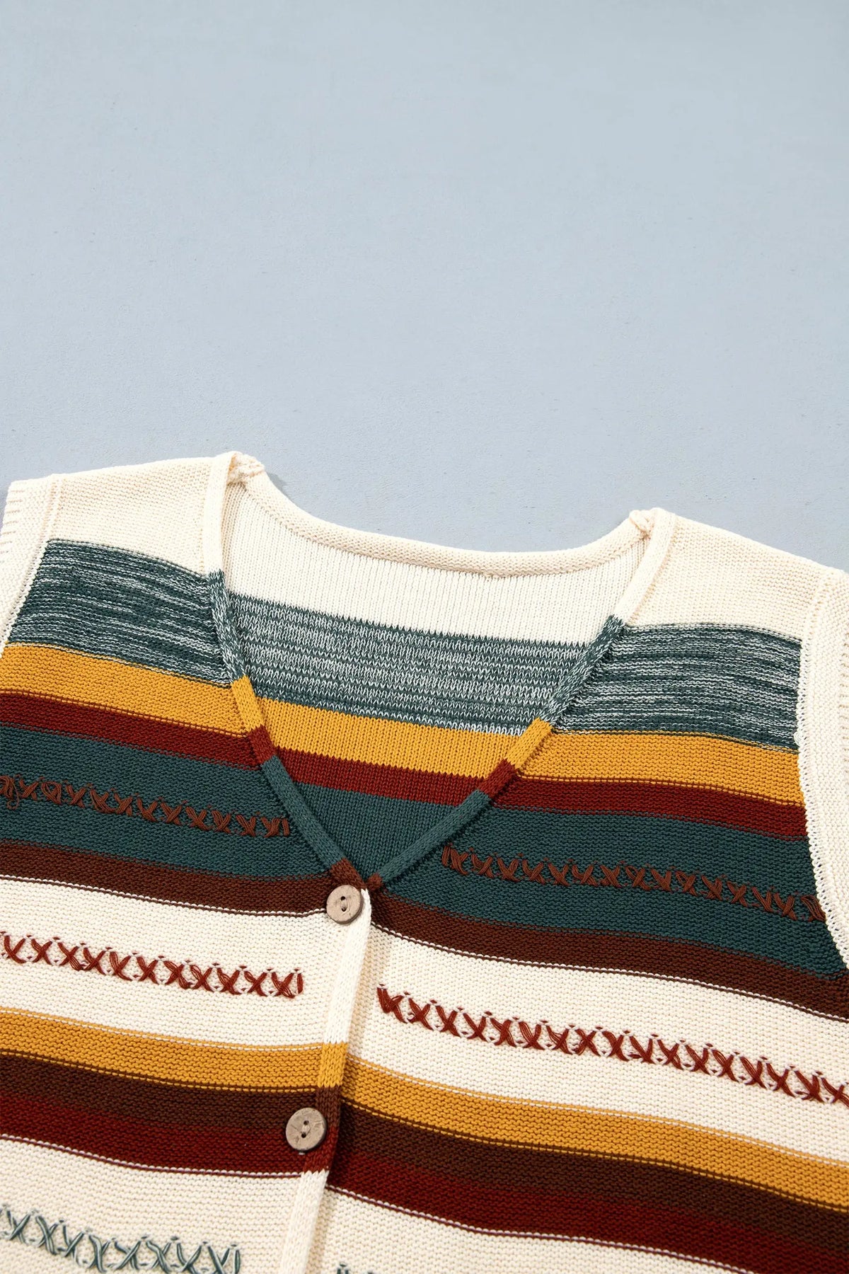 Multicolour Striped Button Front Sleeveless Knit Regular Fit Sweater Vest