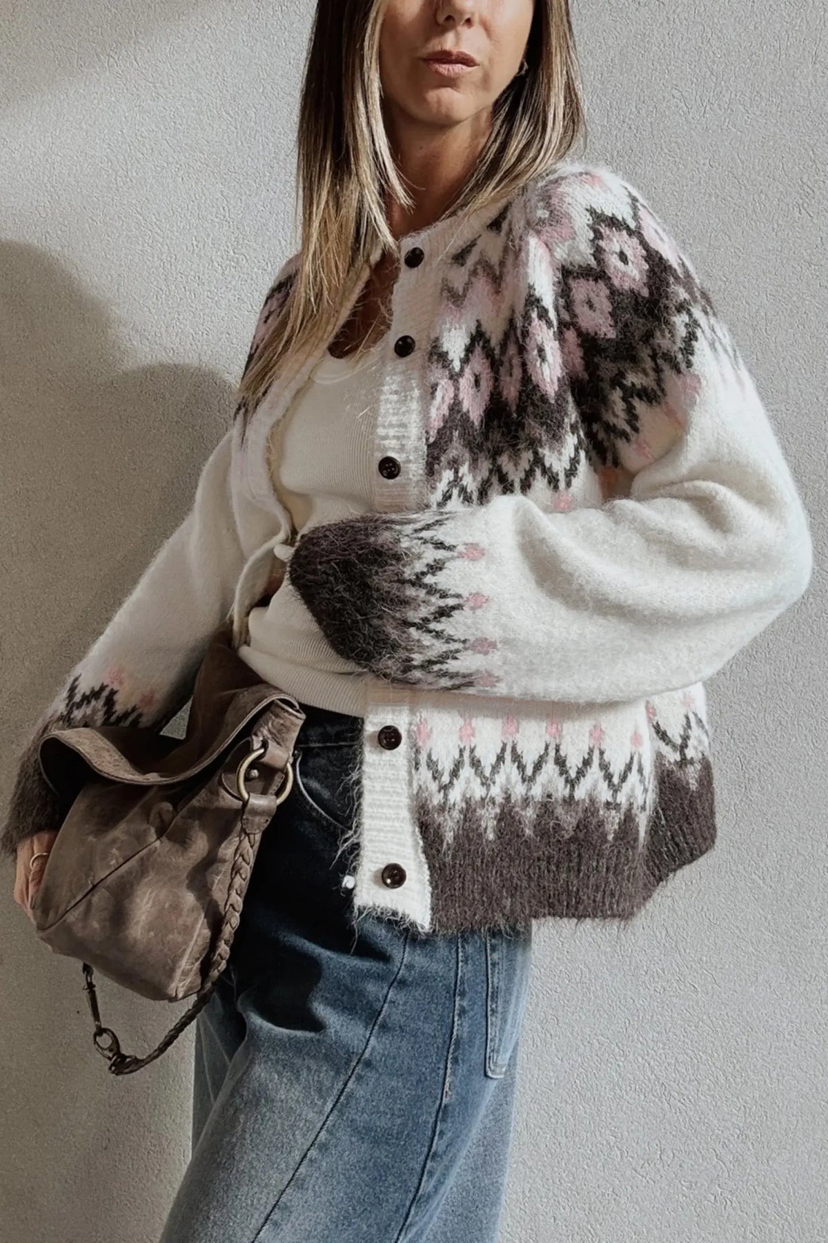 White Geometric Pattern Brushed Knit Button Cardigan model front view · nz-alt-v1