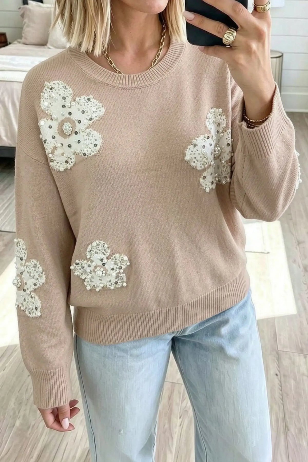 Smoke Gray Beaded Floral Patchwork Ribbed Trim Round Neck Sweater model front view · nz-alt-v1