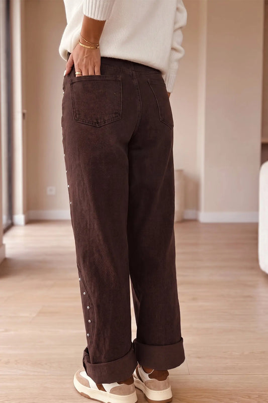 Coffee Side Seam Rivet Detail Ankle Length Casual Jeans