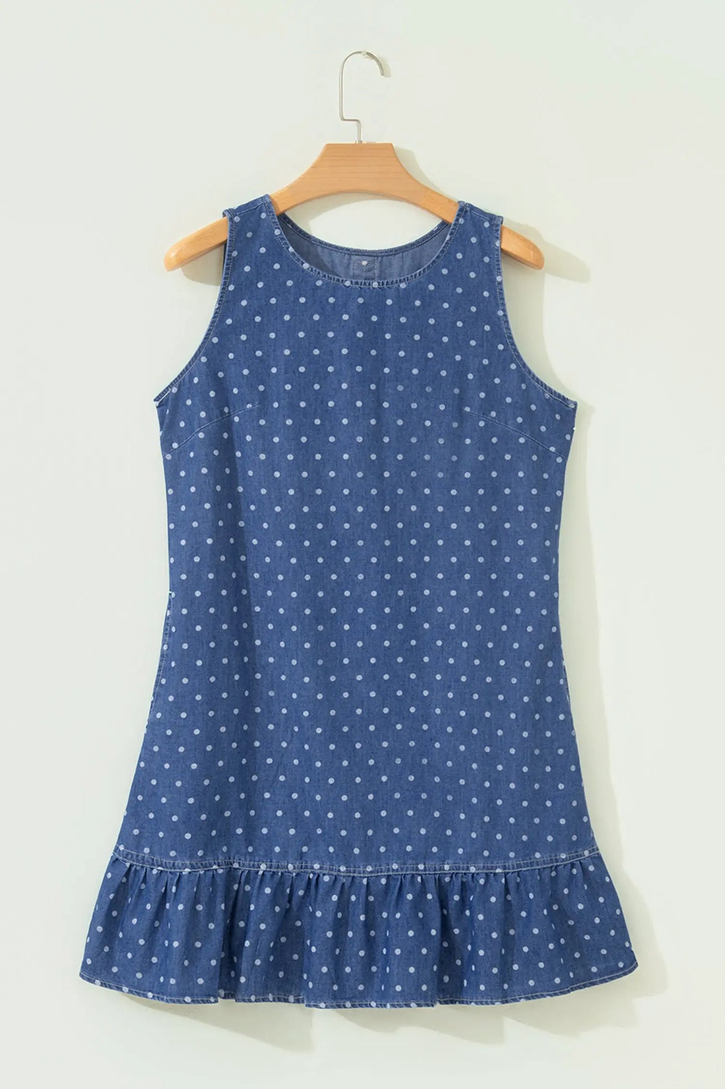 Blue Polka Dot Ruffle Hem Sleeveless Denim Mini Dress
