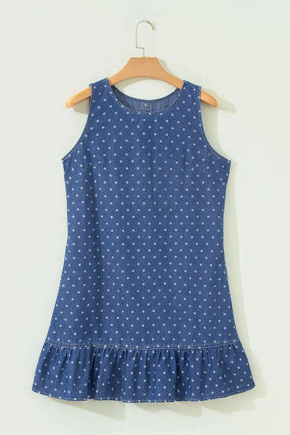 Blue Polka Dot Ruffle Hem Sleeveless Denim Mini Dress