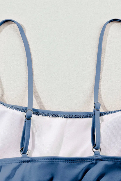 Dusk Blue Colorful Stitch Border Detail 2pcs High Waist Bikini Swimsuit
